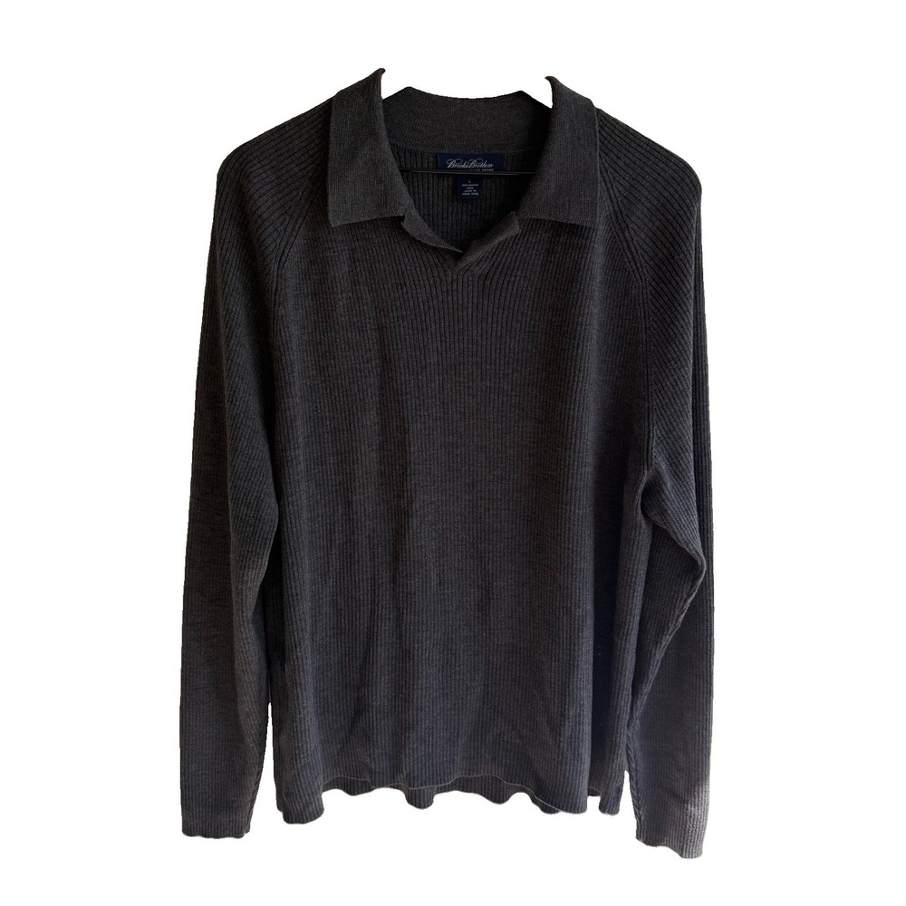 Brooks Brothers 100% Merino Wool Sweater Polo Collared Mens Size L Charcoal Grey